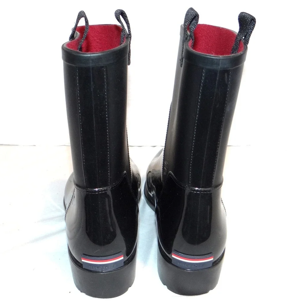 Tommy Hilfiger Khristie Black Boots Women 10M Glossy Matte Mid Calf Waterproof‎